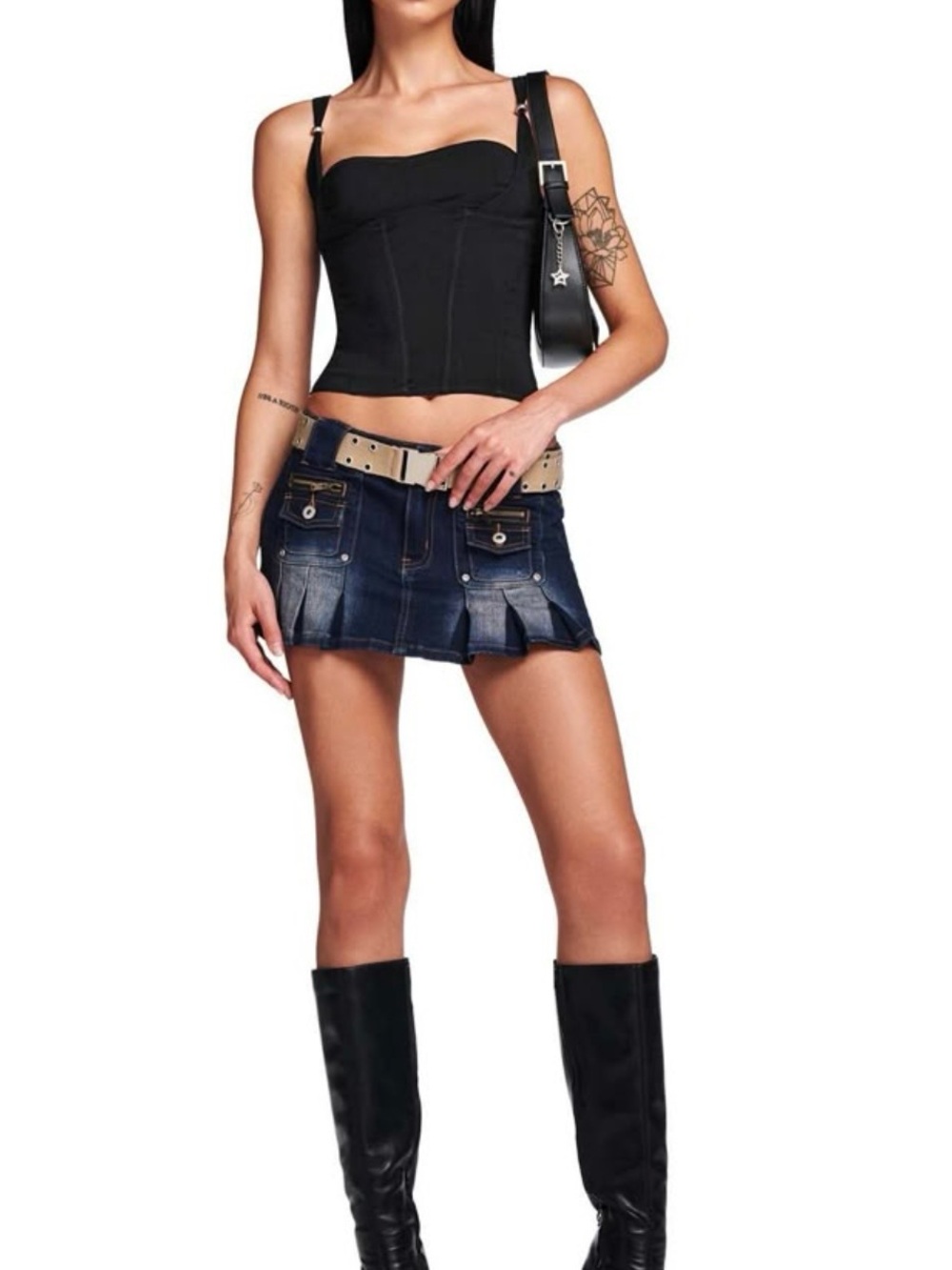 Black Bustier with Dark Blue Denim Mini Skirt Set